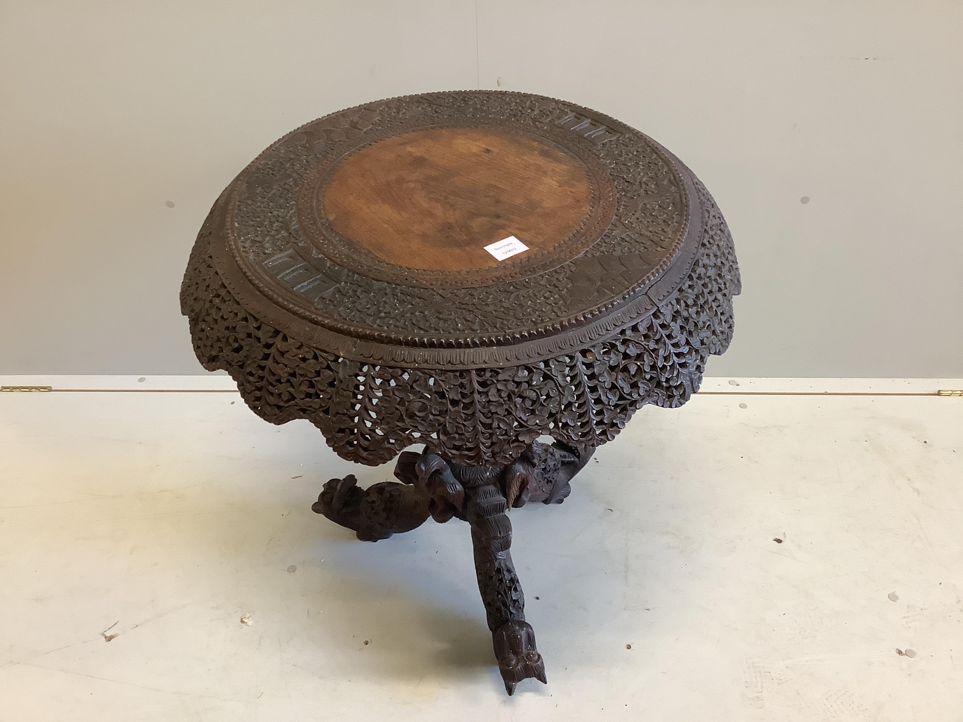 An Anglo Indian circular carved hardwood occasional table, diameter 70cm, height 78cm